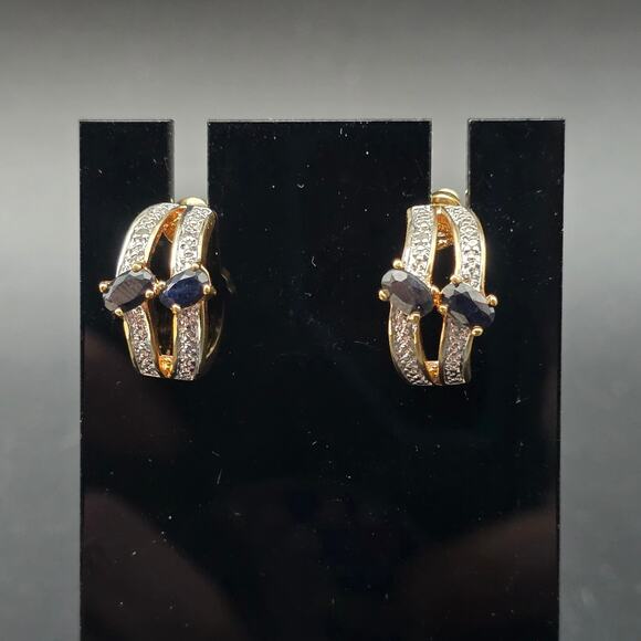 Dark Blue Sapphire Diamond Chip Earrings Curved Half Hoop Gold Plated - Picture 8 of 8